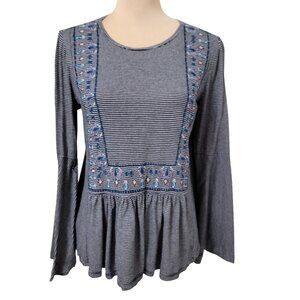 LOFT Size S Blue White Striped with Blue White Embroidery Boho Bell Sleeve Top